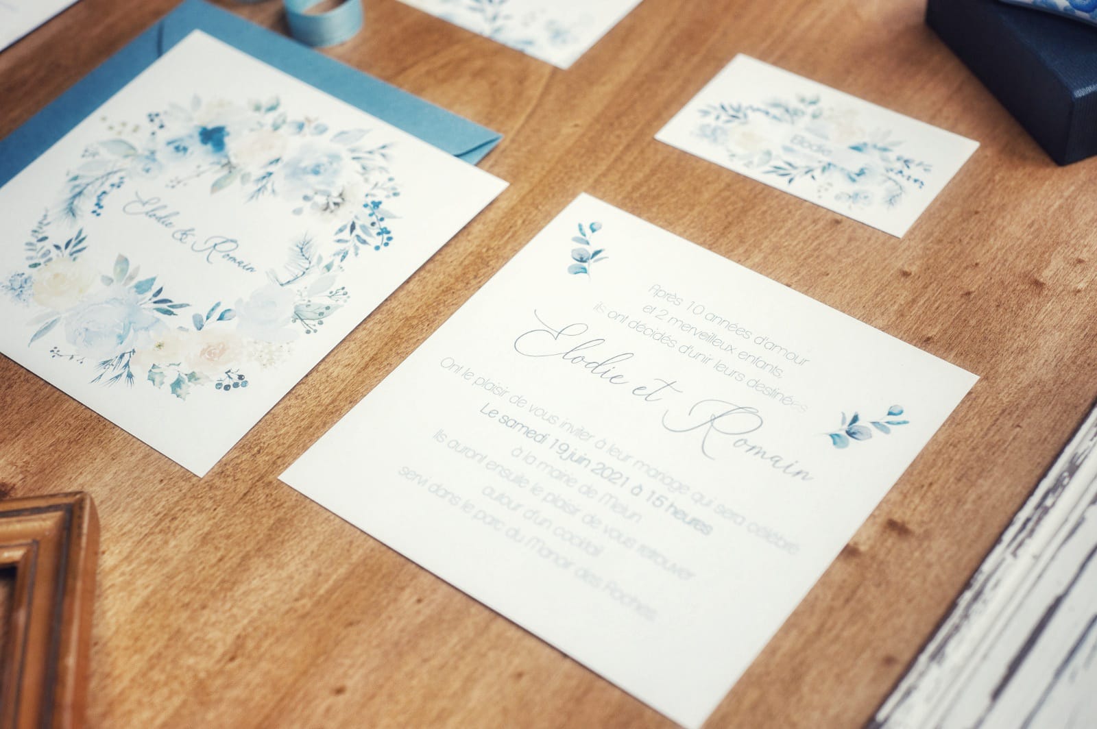 Mariage blue romantique papeterie faire part